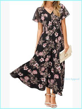 Flowy Floral Maxi Dress Short Sleeve Empire Waist Boho Wedding Guest